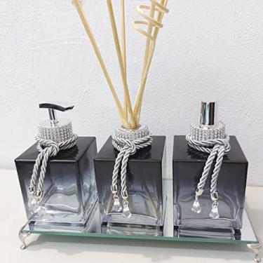 Imagem de Kit Lavabo Dispenser Porta Sabonete Líquido Home Sray Difusor de Varetas Aromatizador de Ambiente Com Bandeja Espelhada Decorativa- Preto Degradê e Prata-Luxo Com Strass-Luiggi Presentes®