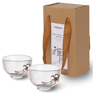 Imagem de Zen Life Vidro martelado japonês requintado - conjunto de 2 xícaras de chá/saquê, com decoração de flor de ameixa de estanho e cobre-B