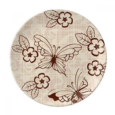 Imagem de Prato decorativo vintage simples marrom borboleta com flores de porcelana salver louça de jantar