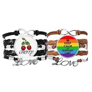 Imagem de DIYthinker Pulseira LGBT com a bandeira bissexual, gay, lésbica, transgênero, pulseira de mão, corda de couro, cereja, amor, conjunto duplo