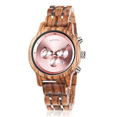 Imagem de Relógio feminino de madeira Bird com pulseira de metal de madeira de luxo, cronógrafo e mostrador de data, relógio de quartzo, moderno, de madeira zebra, casual, negócios, ébano, Zebra-pink