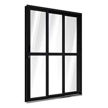 Imagem de Porta de Correr de Alumínio com Travessa 213 x 150 x 13 cm Preto 3 Folhas Esquerda Riobras