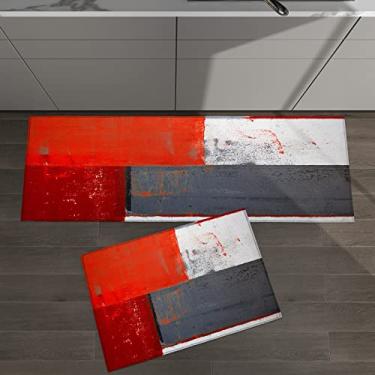 Imagem de Conjunto de 2 tapetes de cozinha abstrata pintura a óleo padrão geométrico vermelho cinza para tapetes e tapetes acolchoados para piso antiderrapante absorvente corredor confortável tapete de pé