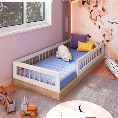 Imagem de Cama Montessoriana Infantil Solteiro Com Grade De Proteção 84 x 195 cm Aveiro Oak Branco Suki Shop