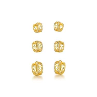 Imagem de Kit Trio De Brincos Argolas Amor Banhados A Ouro 18k