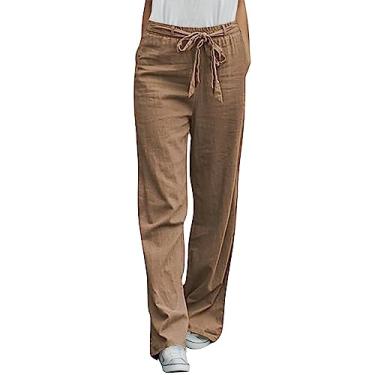 Imagem de Calça feminina de linho de algodão de verão de cintura alta perna larga confortável de algodão calças soltas com bolso, Caqui, 4G