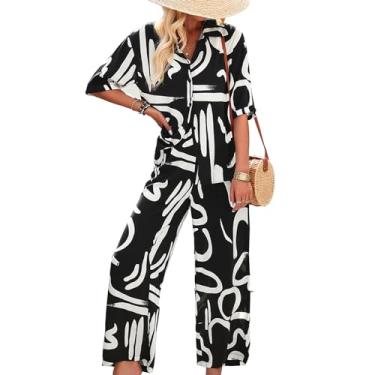 Imagem de Terno de Salão Estampado Casual Feminino, Calças Compridas de Manga Curta Feminino Impresso Lounge Wear Gola Virada para Baixo Moda de Rua Senhoras (L)