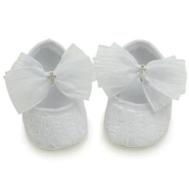 Imagem de Nihao Baby Conjunto de sapatos femininos brancos de batismo e faixa de cabeça para batizado, Sapatos de laço branco N com cruz, 9-12 meses