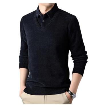 Imagem de Suéter masculino de lã engrossado falso de duas peças quente suéter de malha de manga comprida, Azul-escuro, XXG