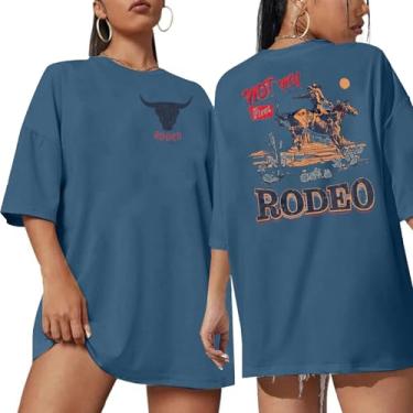Imagem de Camisetas femininas Rodeo Cowgirl Outfits: Not My First Rodeo Western Camisetas vintage com estampa de caveira de vaca camisetas grandes, Azul, XXG