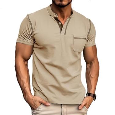Imagem de INGORINA Camiseta masculina casual Henley clássica curta sem colarinho com botão com bolso top de algodão verão, Caqui, M