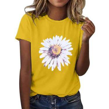 Imagem de Camiseta feminina com estampa floral, manga curta, gola redonda, leve, macia, casual, roupa de verão, ajuste técnico, Amarelo, M