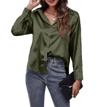 Imagem de Lainuyoah Camisetas casuais femininas modernas de manga longa verão 2024 férias cetim seda botões blusa macia trabalho, C - verde, M
