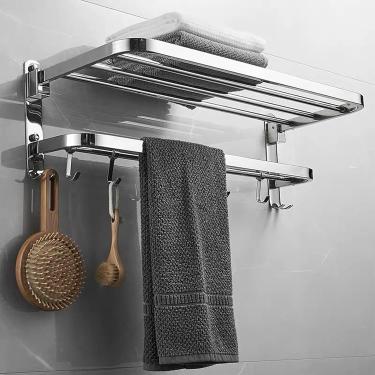 Imagem de Suporte de toalheiro de banheiro de aço inoxidável, toalheiros para montagem na parede, perfeito para cozinha, banheiro (prata) com ganchos, instalação de uso duplo, perfurador + sem perfura
