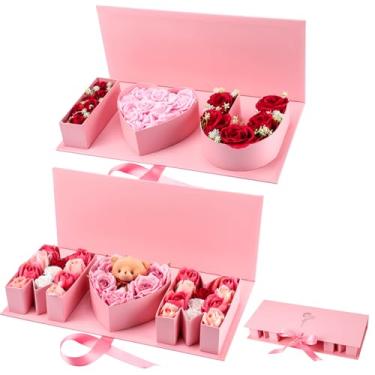 Imagem de Gilprop Pacote com 2 caixas de presente de aniversário para mãe, "I Love You", "Mom", caixa vazia de papelão, papel preenchível, flor, chocolate, embalagem para nova mãe, aniversário, Natal, Ação de