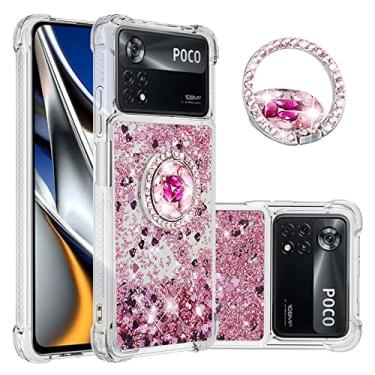 Imagem de CCSmall Capa com glitter para Xiaomi Poco X4 Pro 5G, brilhante líquido flutuante, macia, almofada de poliuretano termoplástico fashion feminina, feminina, transparente, com suporte de anel, capa de telefone para Xiaomi Poco X4 Pro 5G LSZ ouro rosa