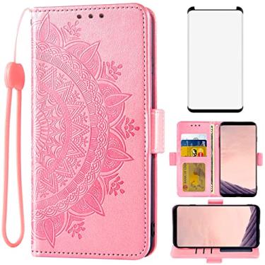 Imagem de Asuwish Compatível com Samsung Galaxy S8 Plus, capa tipo carteira de vidro temperado, suporte para cartão, alça de pulso, capa de celular para Glaxay S8plus S 8 8plus 8S Edge S8+ SM-G955U ouro rosa