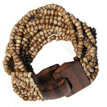 Imagem de Pulseira Bali com contas brancas de osso escuro antigo com fecho de fivela de madeira dura - 14 fios elásticos - 5 cm de largura, 8 inches, Sem Pedra Preciosa