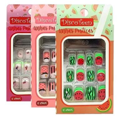 Imagem de Kit 3 Unid. Unhas Postiças Infantis Decoradas Frutinhas Discoteen