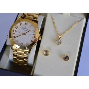 Imagem de Relógio Champion Feminino Dourado CN26564H + Kit Semi Joia