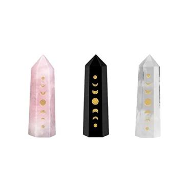 Imagem de Rockcloud Pacote com 3 pontos de cristal gravados em fase da lua, pedra hexagonal de bolso para varinha de eclipse lunar para decoração de casa de meditação de Reiki, quartzo rosa, obsidiana e cristal