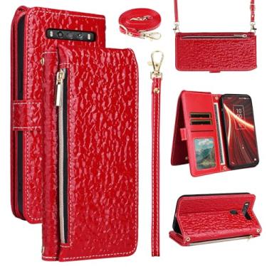 Imagem de Furiet Capa carteira de luxo para TCL 10 5G UW Verizon com alça de pulso alça de ombro bolsa com zíper, padrão plissado brilhante couro PU suporte para cartão capa para telefone para TCL105GUW TLC