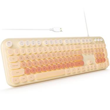 Imagem de SQMD Teclado retroiluminado com fio, teclado retroiluminado de LED, máquina de escrever punk retrô de 104 teclas, teclado USB com teclas redondas coloridas para computador, desktop, laptop e Windows