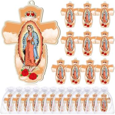 Imagem de Landical 24 peças cruz de parede de madeira Nossa Senhora de Guadalupe com sacos de presente de organza lembrancinhas de batismo para convidados presente de primeira comunhão favores católicos