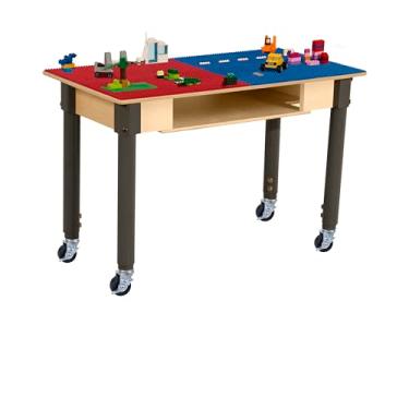 Imagem de Wood Designs Mesa de brinquedo Montessori Time-2-Play, madeira compensada de bétula reactangular vermelha e azul compatível com Lego para armazenamento integrado com rodas para crianças [pernas
