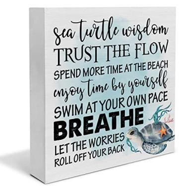 Imagem de Beach Sea Turtle Wood Box Sign Decor Desk Sign Sea Turtle Quote Wooden Box Block Sign Summer Signs Farmhouse Home Shelf Wall Decoration