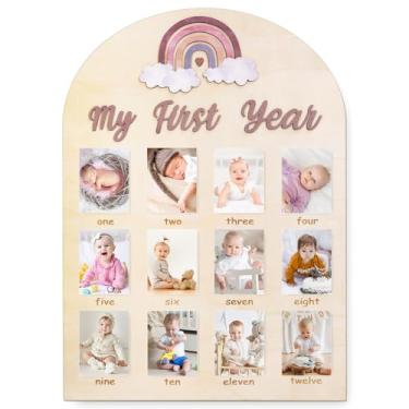 Imagem de Whaline Quadro de madeira para exibição de fotos My First Year Baby Growth, quadro de marcos de 12 meses, boêmio, arco-íris, para decoração de primeiro aniversário, berçário, lembrança de bebê