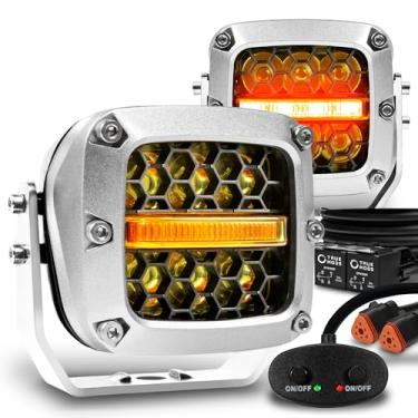 Imagem de TRUE MODS Conjunto de pares de cubos de luz de direção off-road LED âmbar de 7,6 cm 120 W [luz amarela com sinalização de seta ] luzes off-road para UTV ATV Jeep Wrangler SxS 4x4 caminhonete veículo
