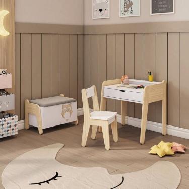 Imagem de Conjunto Mesa com Cadeira e Baú Infantil Corujinha Casatema Branco/Natural