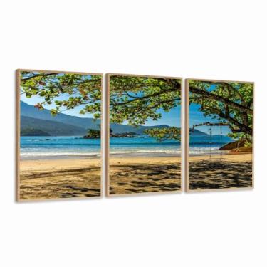 Imagem de Quadros Decorativos praia paisagem arvore balanço moldura (Moldura Bege, 60x80, Sem Vidro)