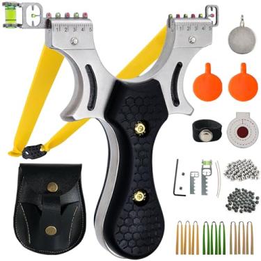 Imagem de Conjunto de estilingue sólido para caça, estilingue tático profissional de aço inoxidável, com 1 bolsa de munição, 100 bolas de munição, 9 faixas planas e 4 alvos, estilingue adulto para jogo de