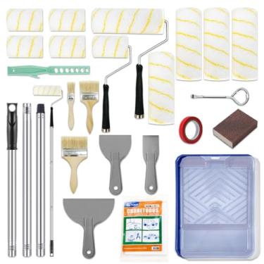Imagem de Leemeexaa Kit de rolo de pintura de 30 peças com haste de extensão, bandeja de tinta azul de 22 polegadas e forros de bandeja de rolo, mini rolo de pintura de 10 cm e rolos de tinta de 23 cm, ideal