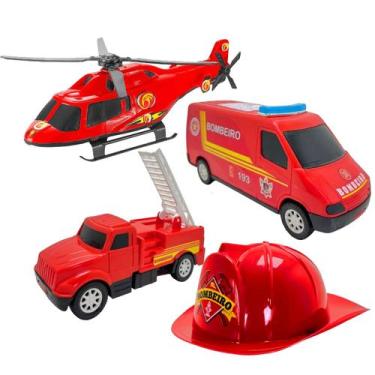 Imagem de Kit Caminhão Carro Dos Bombeiros Capacete Brinquedo Presente Infantil 