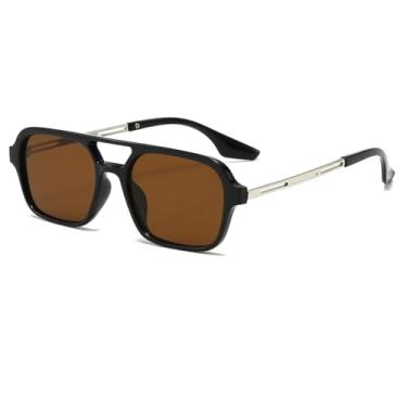 Imagem de Azoxus Óculos de sol aviador quadrado retrô feminino masculino armação pequena moda plástico, Armação preta/lentes marrons, Small