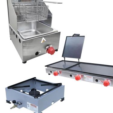 Imagem de Kit Lanchonete Fogão Portátil 1 Boca + Chapa 90cm Prensa e Fritadeira Profissional 1 Cuba Alcamar