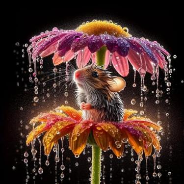 Imagem de KTHOFCY Kits de pintura de diamante DIY 5D para adultos, mouse e flor, bordados, ponto cruz, cristal, strass, pinturas, artes, decoração de parede, kits de pintura de pontos, 11,8 x 11,20 cm