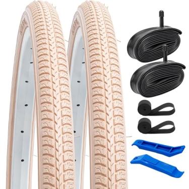 Imagem de YUNSCM 2 peças 26 x 1 3/8 (37-590) pneus de bicicleta rosa e 26 x 3/20.3 cm tubos de bicicleta resistentes válvula Schrader com 2 tiras de aro compatível com bicicleta de estrada 26 x 1 3/8 26x1 3-8