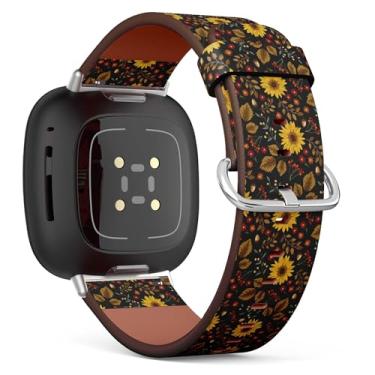 Imagem de Pulseira de couro compatível com Samsung Galaxy Watch 6/Classic, Galaxy Watch 5/PRO, Galaxy Watch 4 Classic, pulseira de couro (outono girassóis preto)