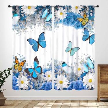 Imagem de Cortina borboleta azul para cozinha, plantas do campo de primavera, flores silvestres, botânica, quinta, tratamentos de janela para quarto, sala de estar, cozinha, 2 painéis, 106 x 150 cm