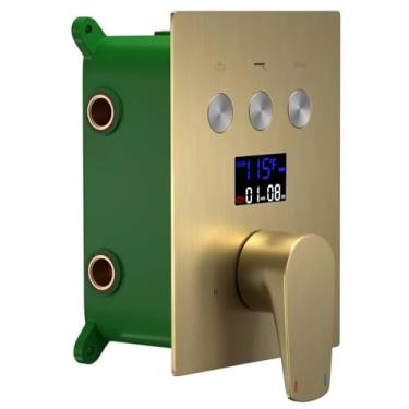 Imagem de HONGTONGSOWER Válvula de chuveiro dourada escovada, display digital, montagem na parede, kit de válvula misturadora de chuveiro com 3 funções, válvula de equilíbrio de pressão de chuveiro de banheiro