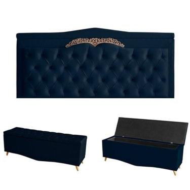 Imagem de Kit Barcelona Cabeceira De Cama Painel E Calçadeira Baú King 195 Cm Suede Azul Marinho Do Lar Móveis E Decoração