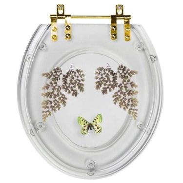 Imagem de Assento Sanitário Decorado Oval Convencional Transparente Com Borboleta Verde Para Todas As Marcas Com Ferragem Dourada