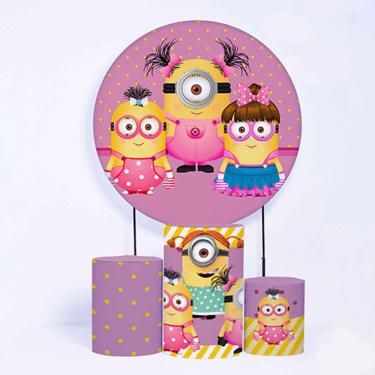 Imagem de Kit Painel de Festa Redondo de 1,80m e Trio de Cilindros Minions - Fera Print