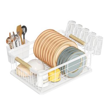 Imagem de IBEDMAZIE Escorredor de louça branco com terra de diatomáceas 1 camada, escorredor de pratos multifuncional para balcão de cozinha, secagem rápida, economia de espaço de grande capacidade com suporte