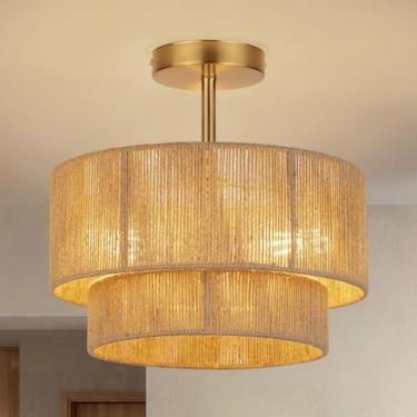 Imagem de Vexagyle Luminárias De Teto Estilo Boho Com 3 Luzes, Luminária De Teto Semi-Embutida Em Rattan De 12,6'', Luminárias De Tambor De Corda De Cânhamo Costeira Com Cúpula De 2 Níveis, Luminária De Fazen