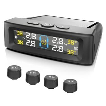 Imagem de GreceYou Sistema de monitoramento de pressão de pneu RV, sistema de monitor de pressão de pneu TPMS (0-50PSI) com 4 sensores externos e 5 modos de alarme, suporta carregamento solar e USB (preto)